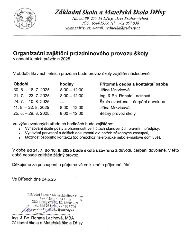 Organizace prázdninového provozu